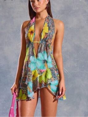 MUSERA Extreme Plunge Halter Neck Leopard Flower Print Ruffle Hem Mini Dress